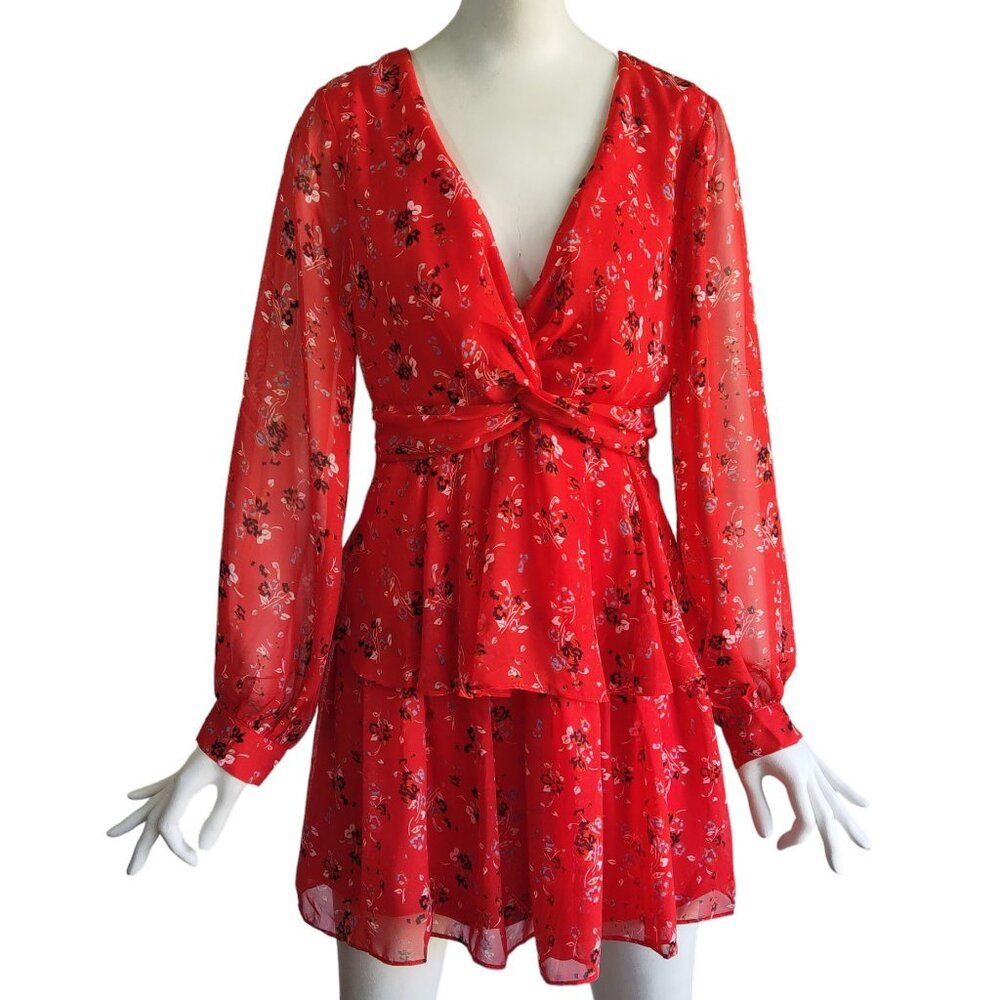AAKAA Twist Bodice w Peplum Abstract Floral Sheer Flowy Mini Dress Lined M NWT